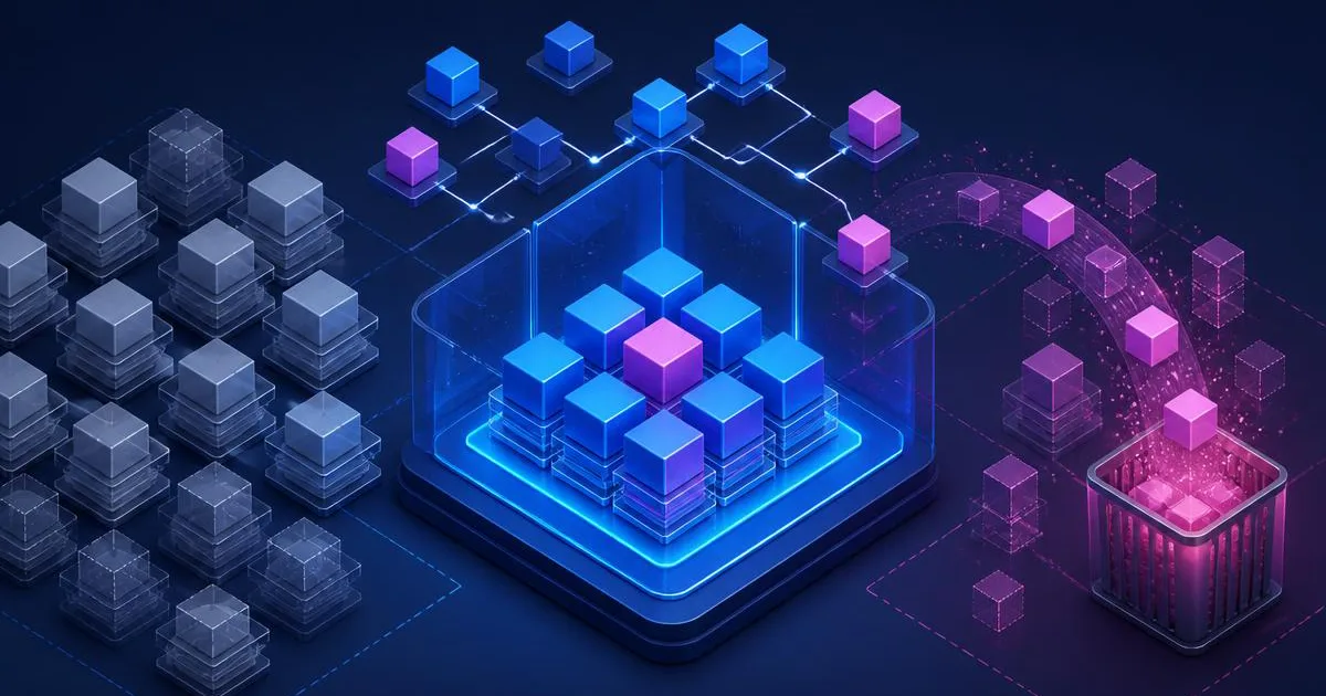 Isometric dependency graph with active Swift package cubes separated from duplicate cache layers