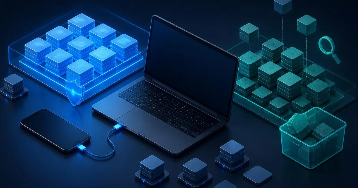 Developer laptop and phone surrounded by current and obsolete device debugging symbol blocks